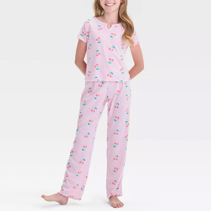 2 Piece Cherry Print Short Sleeve Top And Pajama Set
