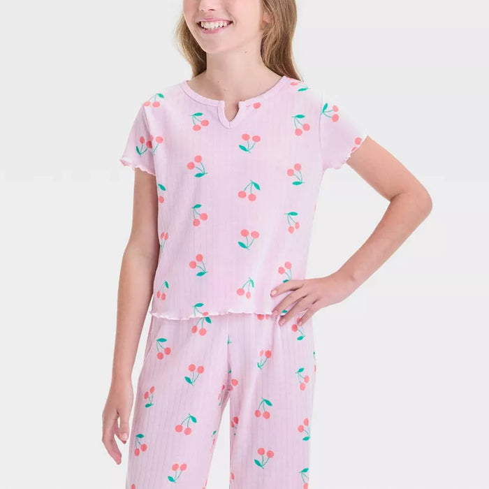 2 Piece Cherry Print Short Sleeve Top And Pajama Set
