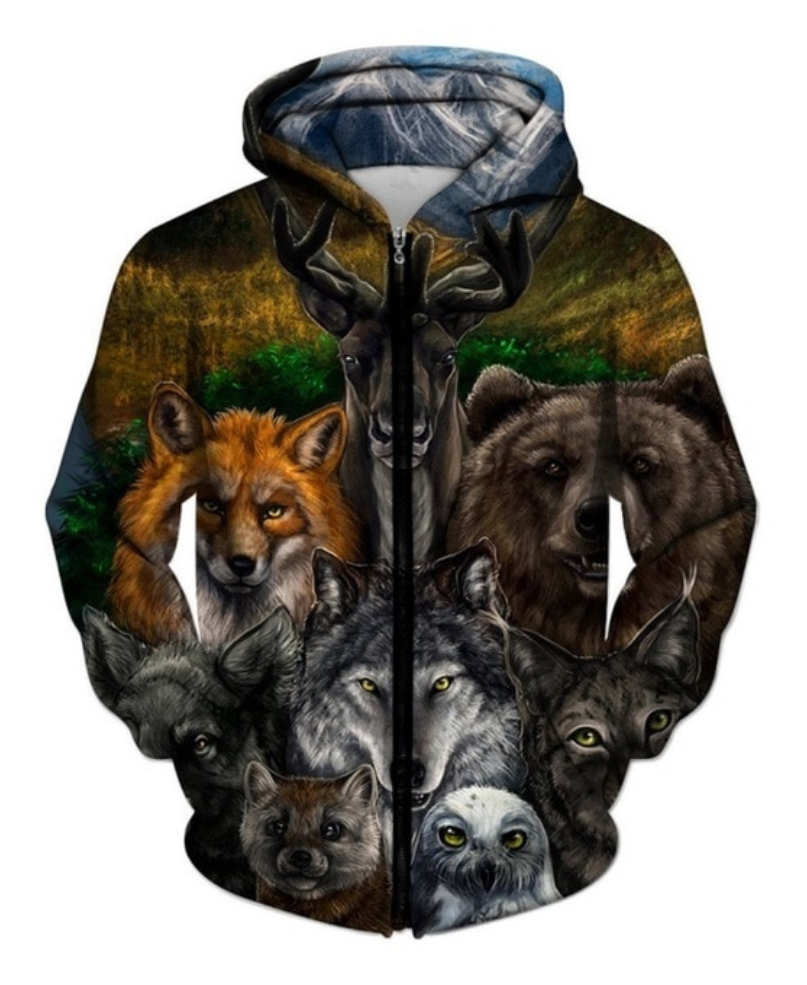 Children Animals Printed Zip Up Hoodie